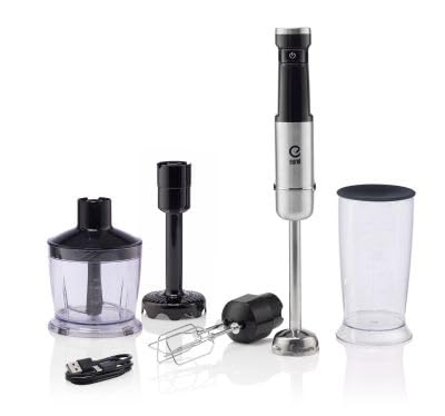 EUREL Basicline MP46 Batidora de mano inalámbrica con batería, con accesorios, batería de iones de litio de 2000 mAh, batidor, vaso medidor de 600 ml con tapa, batidora portátil de cocina