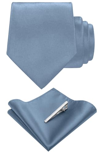 TASTION Mens Dusty Blue Tie for Men Classic Wedding Business Solid Necktie and Pocket Square with Tie Clip Sets