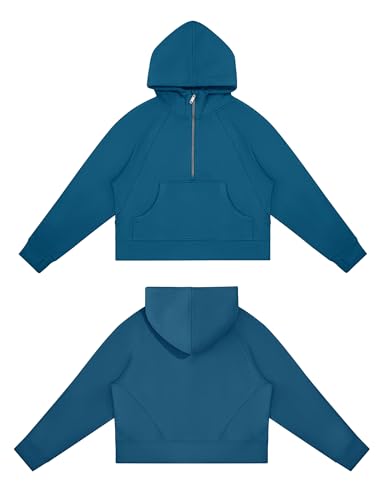 THE GYM PEOPLE Women’s Hoodies Half Zip Long Sleeve Fleece Crop Pullover Sweatshirts with Pockets Thumb Hole Dark Blue Green
