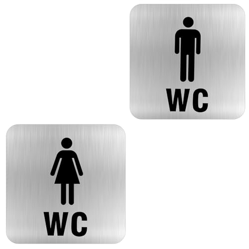 Juego de 2 Señales WC Hombre/Mujer Acero - Carteles para Inodoro, Aseos de Restaurantes y Baños de Bares/Centros Comerciales - Placas Direccionales con Símbolos Universalmente Reconocidos, 12x12cm