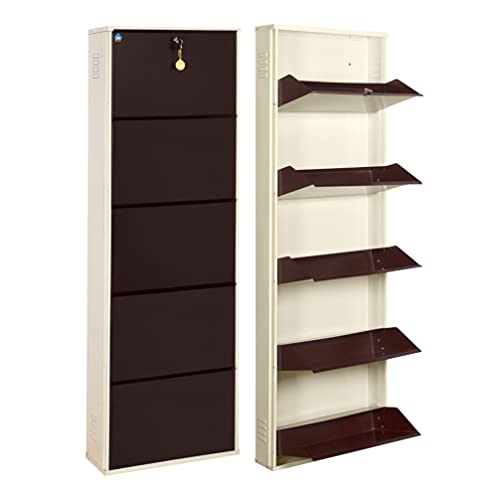 Image of Delite Kom 20 Inch Wide, 5 Shelf Metal Shoe Rack Wall Mounted for Home with Central Lock | Holds Upto 12 Shoes or 20 Slippers Pair | 1 Year Warranty | (67x20x5 Inch, Ivory Coffee) | DIY | Space Saving