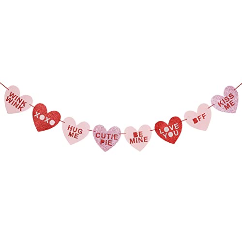 Image of Festiko Valentines Conversation Candy Hearts Banner - Red & Pink Glitter, Valentines Day Decorations