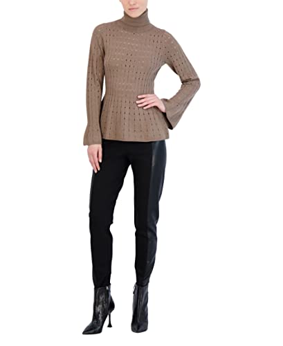 Bcbgmaxazria Women's Fitted Peplum Sweater Long Sleeve Bell Cuff Turtle Neck Ruffle Hem Top, Camel, X-Small #TOP3