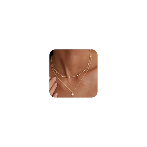 Pearl Necklace for Women, Dainty 14K Gold Plated Layered Pearls Chain Set, Trendy Stack Beaded Charm Simple Link Choker Necklace Jewelry Gift for Wedding Prom Statement Summer