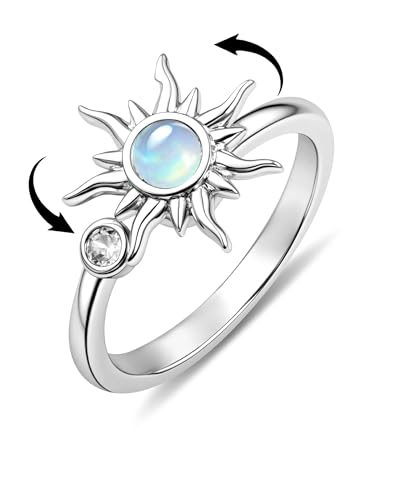 Zikichiky Moonstone Sun Spinner Fidget Ring Silver Adjustable Fun Anxiety Rings for Women Moonstone Jewelry