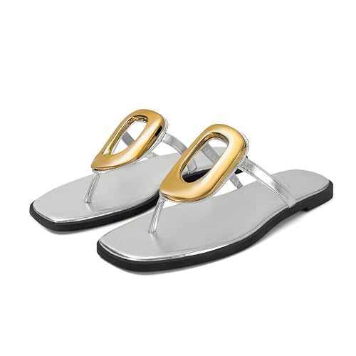 Image of Wnshonzy Flip-Flops for Women Thong Sandals Flat Slip on Slides Beach Comfort Open Square Toe Ladies Slipper Dressy Metal Hardware Decoration Summer Shoes Casual Fashion