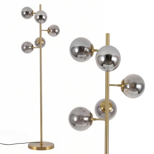 Image of BOKT Gold 5-Light 67'' Tall Floor Lamp Smoked Glass Globes Standing Lamp