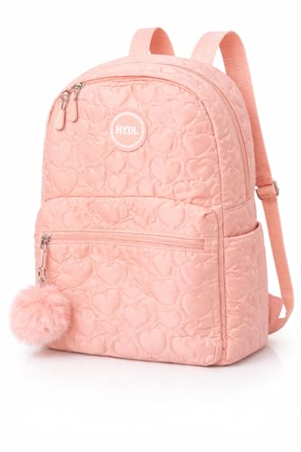 Mochila Juvenil e Adulto 18L em Poliéster Leve e Resistente, Design Matelassê com Coração, 2 Bolsos Externos, com Chaveiro Decorativo Branco, Lilás, Rosa Bebê e Rosa Pink (Rosa Bebê)