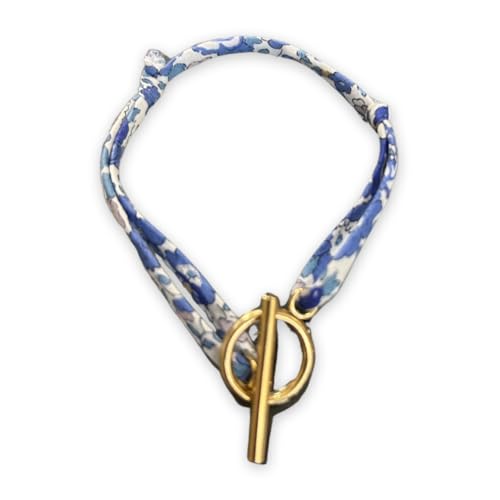 Bracelet fil Liberty Coton Bio - Fermoir A Bascule or - En Acier Inoxydable - cordon avec fleurs fleuri- réglable de 14 à 24 cm - résiste à l'eau - bleu et...