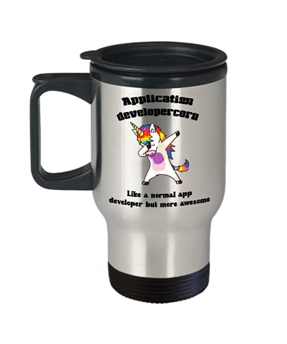 Creator's Cove App developer rainbow dabbing unicorn, 14 oz insulated coffee travel mug with handle and lid, Application magic lovers funny gag for adult women
