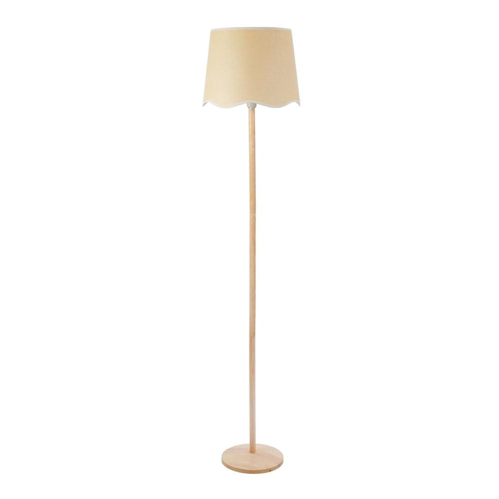 Triston Natural Light Wood Stem Floor Lamp - Scallop Trim Tapered Lamp Shade - White Trim