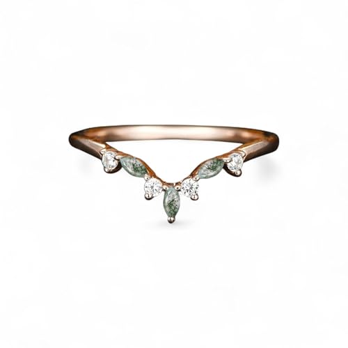 Curved Moss Agate Wedding Band 10k Rose Gold Diamond Band Half Eternity Promise Jewelry for Women Dainty Birthday Gift for Best Friend