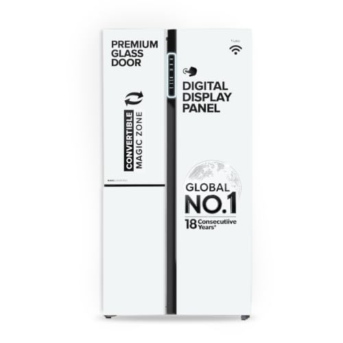 Image of Haier 598 L 3 Star Frost Free Expert Inverter Smart Sense AI enabled 3-Door Side by Side Refrigerator (HRT-683PWGU1, Pearl White Glass, Magic Convertible Zone, Premium Vogue Glass, 2026 Model)