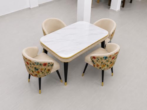 Image of WOODEN SPACE Majestic 4 Seater Wooden Dining Table Set | Urban Marble Top Dining Table with Chairs for Dining Room & Kitchen (Modern Classic Printed Beige) (54 x 36 x 30 inch)
