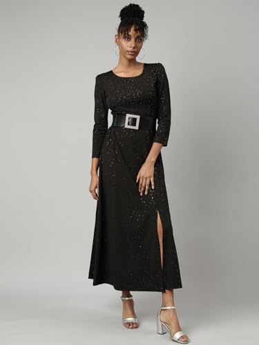 Image of SHOWOFFFF Women Solid A-Line Party Dress | Round Neck 3 /4th Sleeves Nylon Dress for Womens | Maxi Dress for Women's