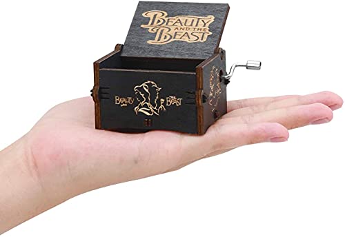 Image of Beauty and The Beast Music Box Hand Crank Musical Box Beauty & Beast Theme Carved Wooden Music Boxes Gift for Kids Friends Family Musicbox Black