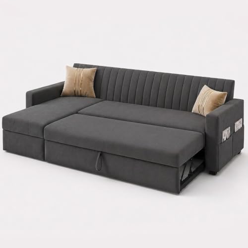 Image of CASASTYLE Kyagar 6 Person Seating LHS L Shape Sofa with Pull Out Bed & Storage Lounger | Premium Soft Velvet Suede Fabric | Comfort Cushions | Ideal for Living Room, Hotel & Office (Dark Grey)