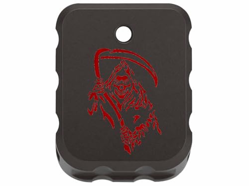 NDZ Performance Brass Magazine Base Plate for Canik TP9 – Armor Black Cerakote Finish – Laser Engraved – Fits TP9SF, TP9SFX, TP9 Elite SC – Red Fill – Grim Reaper 2