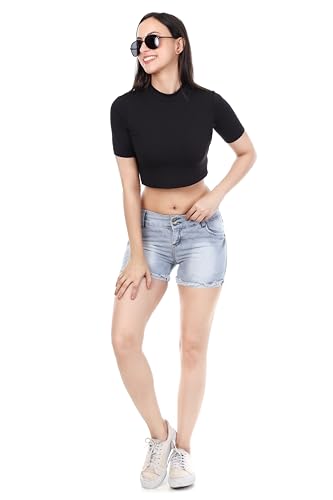 Image of Women's Stretchable Denim Shorts | Relaxed Fit | Low Rise | Frayed Hem | Casual Summer Wear