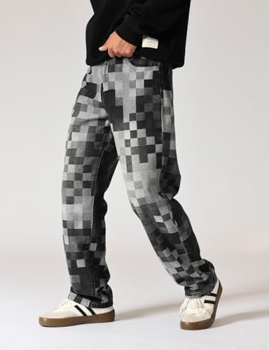 Men Check Mosaic Jacquard Weave Loose Straight Denim Jeans3