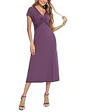 Características: vestido de manga corta, cuello en V, color sólido, vestido de verano, ajuste delgado elástico, una línea, diseño de giro frontal, vestido de túnica informal hasta los tobillos.