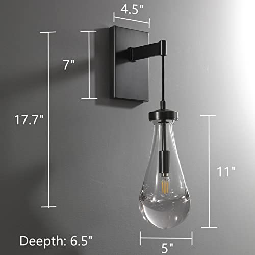 Yuexpand Modern Raindrop Wall Sconces Lighting Set, Matte Black Indoor Vanity Light Fixture For Bathroom, Bedside Wall Lamp With Clear Solid Glass Raindrop For Bedroom, Living Room, Hallway #TOP5
