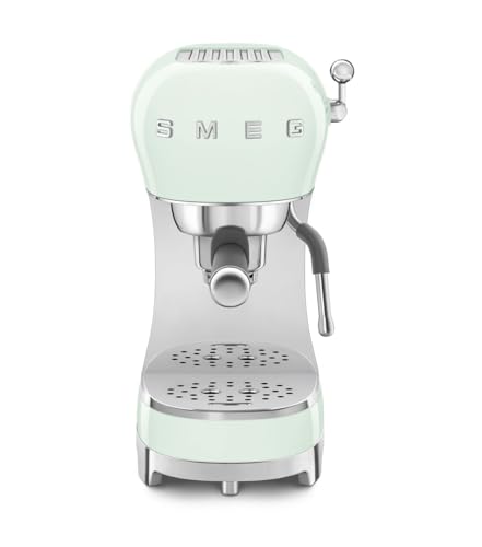 Smeg, Machine à Café Expresso Manuelle ECF02PGEU, Système Thermoblock et Buse Vapeur, 4 Fonctions Expresso, Plateau Amovible, Porte Filtre, Réservoir d'Eau 1 L, Dimensions Compactes, 1350W, Vert d'eau