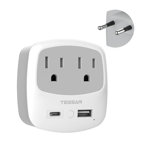 European Travel Plug Adapter Converter, TESSAN International Power Plug Converter with 2 USB, Type C Outlet Adaptor Charger for US to Most of Europe EU Iceland Spain Italy France Germany Gra