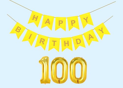 Image of 100th Happy Birthday Decoration Kit Yellow for 100 year Old Women with Number One-Hundred Party Decorations Decor Celebration Items Item Set Combo Reusable Paper Banner