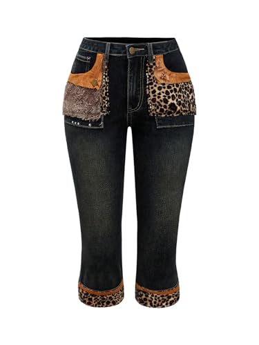 WDIRARA Women's Leopard Faux Fur Skinny Jeans Y2k Low Rise Capris Denim Pants Blue Medium