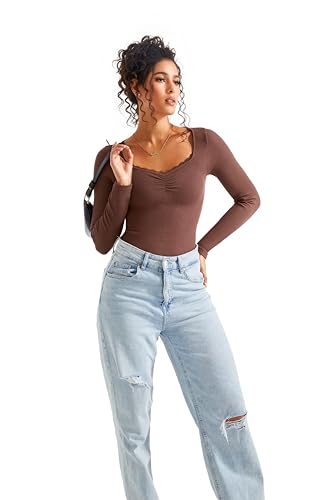 Image of SUUKSESS Women Sweetheart V Neck Long Sleeve Tops Lace Trim Ribbed Modal Fall Going Out Shirts