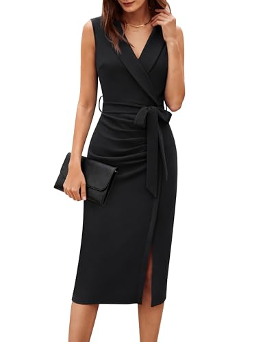 GRACE KARIN Women's Wear to Work Sleeveless Ruched Bodycon Office Pencil Midi Dresses with Belt Black
