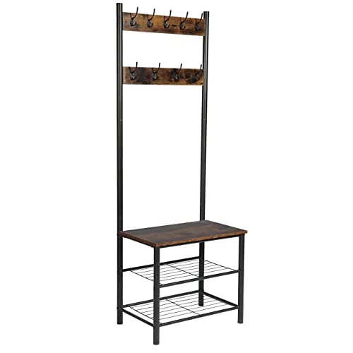 Good & Gracious Hall Tree Coat Rack With Shoe Bench For Entryway 3-In-1 Easy Assembly Industrial Bench, Rustic Brown #TOP23