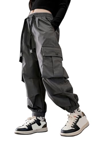 Image of AOWKULAE Girls Casual Cargo Pants for Kids Drawstring Elastic Waist Jogger Pants 6-14 Years