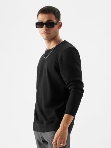 Image of The Souled Store Black Mens Regular fit Full Sleeve Solids Cotton and Polyester Sweatshirts Shirts Casual Button-Down Half Sleeve Printed Graphic Short Sleeve Casual Fashionable