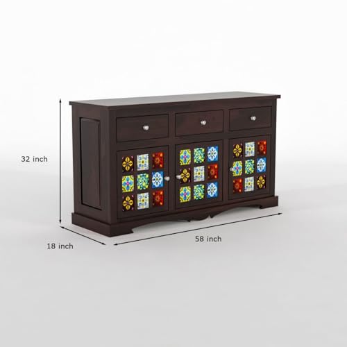 Image of Sheesham Wood Sideboard and Cabinets | Wooden Side Board Tv Cabinet with Multicolor Tiles for Living Room | Free Standing Buffet with 3 Drawers & 3 Door Cabinet Storage, Walnut Finish
