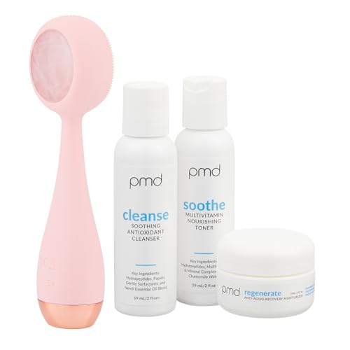 PMD Beauty Clean Pro - Electric Facial Cleansing Brush, Smart Facial Device with Silicone Brush & Heated Anti-Aging Aluminum, Gemstone, Precious Metal Massager, Rose Quartz Gemstone