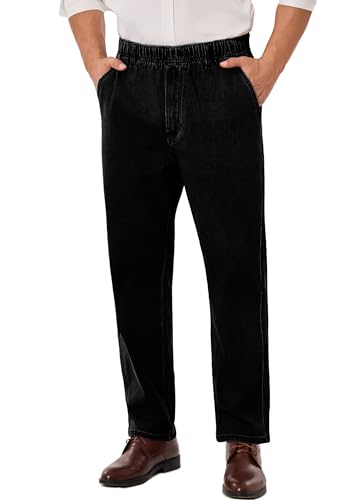 voeeron Pull On Elastic Waist Jeans for Men Full Elastic Waistband Loose Fit Denim Pants Easy Wear for Seniors, Black, 36W x 28L