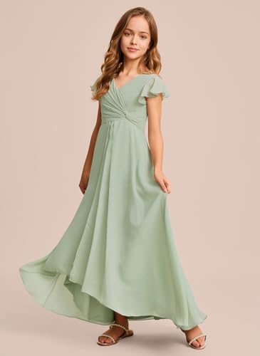 Chiffon Junior Bridesmaid Dresses with Sleeves Ruched Ruffles V Neck High Low Flower Girls Dress for Wedding4