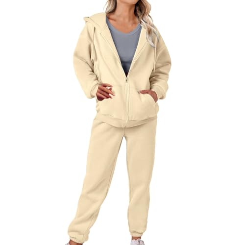 EMUKFD womens fashion clothes,Cream Full Zip Hooded Sweatshirts Joggers Bottoms Two Piece Outfit Co Ord Sets Cozy Lounge Wear Activewear Leisurewear Airport Outfits Y2K Autumn Winter Fashion Clothing