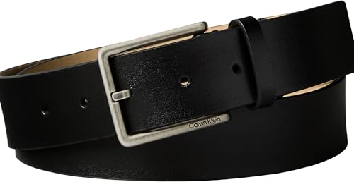 Calvin Klein Men’s Warmth Square Buckle 3.5 cm Smooth Belt, Black (Black/Antique Silver), 53.2 inches
