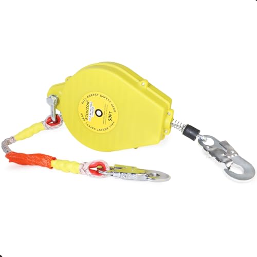 50FT RTOVZON Self Retracting Lifeline, Fall Arrest Fall Protection Dual Alloy Steel Hook Steel Wire Rope Heavy Duty Retractable Lanyard, Roofing Lifeline, SRL, Safety Lanyard