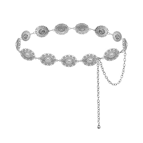 Western Concho Chain Belt for Women Boho Cowgirl Metal WaistChain with Turquoise (01-silver, Length 53