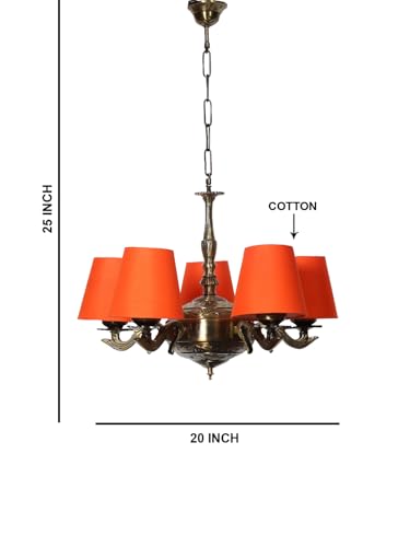 Image of Devansh 05 Lights Orange conical Cotton Shade with Antique Golden Chandelier