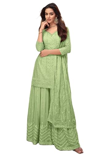 Costume indien Sharara pour femme brodé en Chinon chic et élégant modèle 14829
