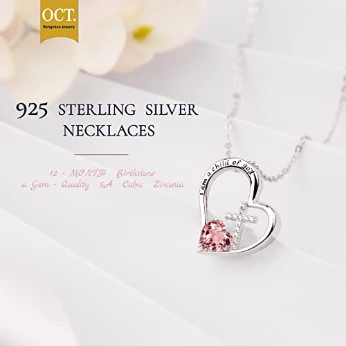 925 Sterling Silver I Am a Child of God Cross Pendant Necklaces for Women, Cross Necklace for Girls, Heart Necklace with Birthstone Christian Jewelry Baptism Gifts for Girls3