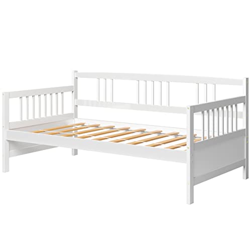 Kotek Twin Daybed Frame, Wooden Sofa Bed Guest Bed With Rails, Platform Bed Frame Twin Size For Living Room, Bedroom (White) #TOP7
