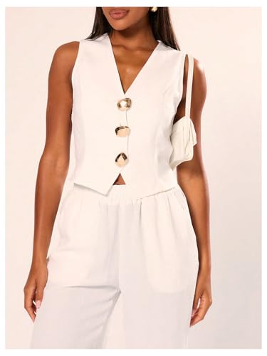 GORGLITTER Women's White Vest Top Sleeveless V Neck Button Up Dressy Business Work Office Jacket Crop Jackets4