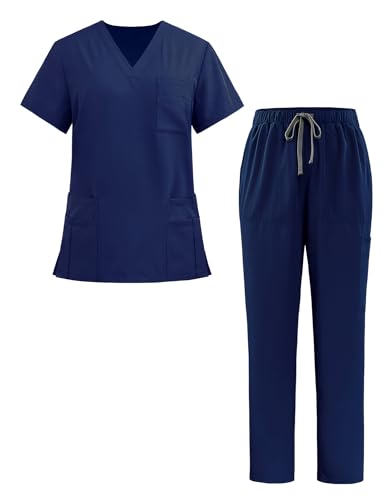 Ausing Set di Canottiere Unisex Cappello + Pantaloni Canottiera Set di Uniformi Medico Unisex Canottiera Giacca Top Blu Navy M