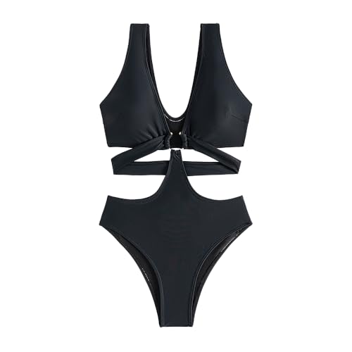 Women's Deep V Neck One Piece Swimsuit O-Ring Swimwear Sexy Cut Out Bathing Suit3